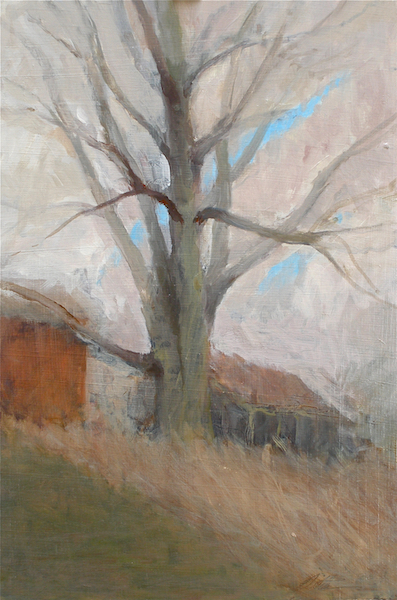 TREE WITH DILAPIDATED BARN by David Stier - 17 x 11 in., o/b • $2,700