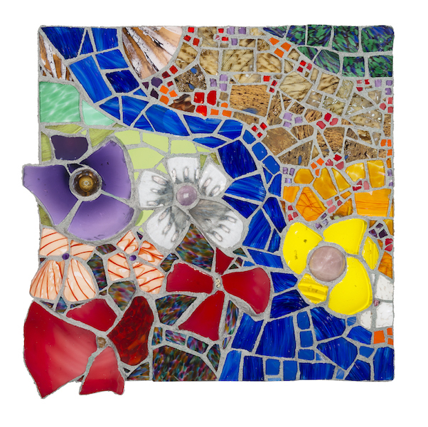 FLORAL LANDSCAPE WITH MEANDERING STREAM by Jonathan Mandell - 25 x 25 x 3 in., glass mosaic • SOLD