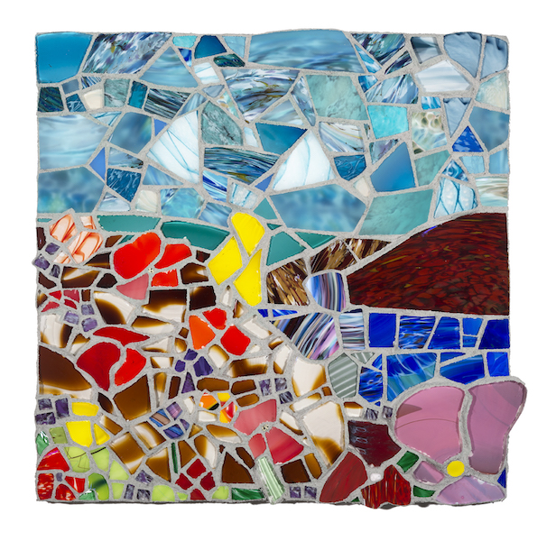 FLORAL LANDSCAPE WITH MOUNTAIN by Jonathan Mandell - 25 x 25 x 3 in., glass mosaic • $3,600
