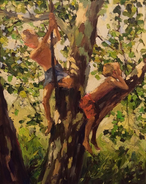 TWO BOYS OUT ON A LIMB by Jennifer Hansen Rolli - 14 x 11 in., o/b • SOLD