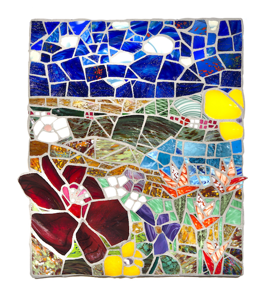 FLORAL LANDSCAPE AT NOON (commission) by Jonathan Mandell - 38 X 32 X 3 in., wall mosaic • SOLD