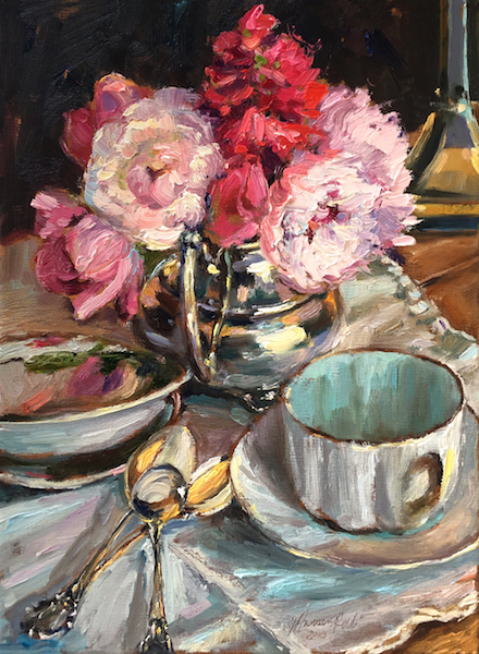 PEONIES IN CREAMER by Jennifer Hansen Rolli - 12 x 9 in., o/c • SOLD SPRING 2018 COVER, MONTCO MAGAZINE!