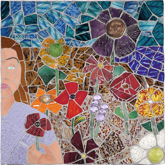 WOMAN IN THE GARDEN by Jonathan Mandell - 24 x 24 x 4 in., wall mosaic • $3,500