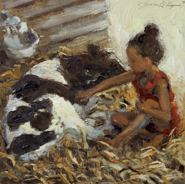 YOUNG GIRL WITH CALF by Jennifer Hansen Rolli - 8 x 8 in., o/c in Madary frame • SOLD