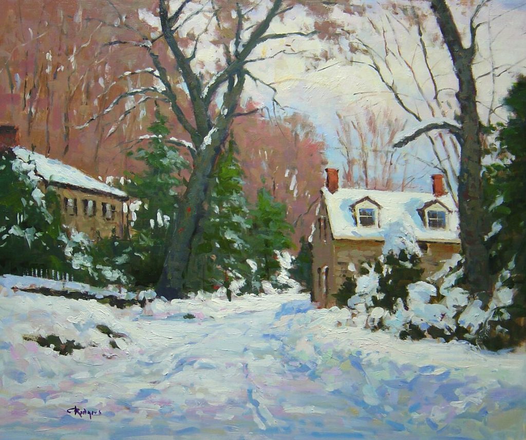 BUCKS COUNTY BLANKETED IN SNOW by Jim Rodgers - 20 x 24 inches, oil on board • SOLD
