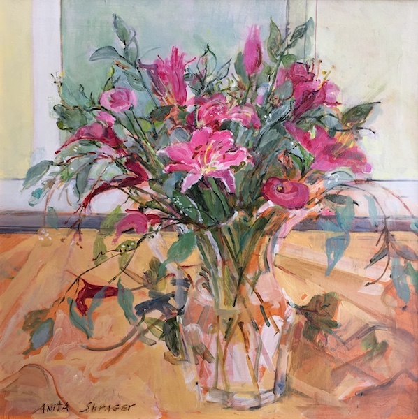 STARGAZER & CALLA LILIES by Anita Shrager - 20 in. sq., o/l • $4,000 • (Featured in the 2019 Philadelphia Sketch Club's “Art of the Flower“ and the 2021 BC Designer House!)