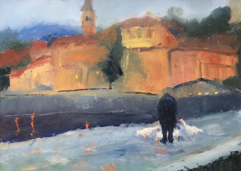 FEEDING THE GEESE, LAVENO ITALY by Desmond McRory - 18 x 24 in., o/b • SOLD