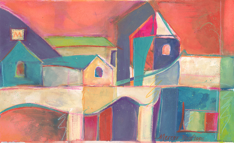 MERCER ROOFTOPS by Rhonda Garland - 8 x 13 inches, watercolor and gouache on paper • SOLD