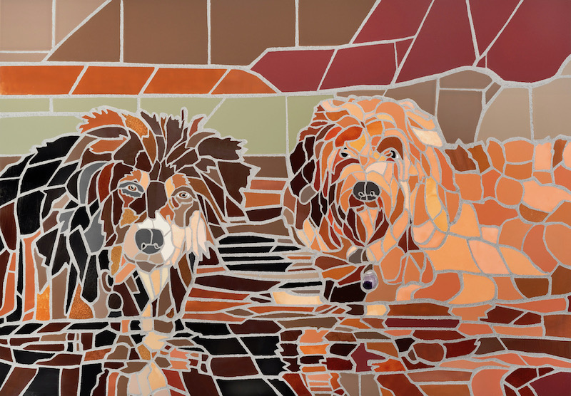TWO DOGS IN WATER by Jonathan Mandell - 28 x 40 x 3 in., tile mosaic • $6,000