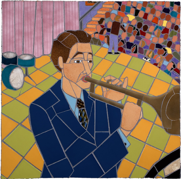 TRUMPET PLAYER by Jonathan Mandell - 24 x 24 x 2 in.,mosaic • $3,500