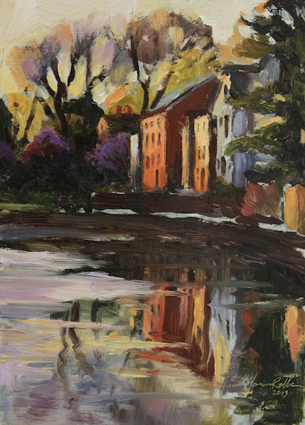 EVENING IN SPRING ALONG THE CANAL by Jennifer Hansen Rolli - 7 X 5 in., o/c • SOLD
