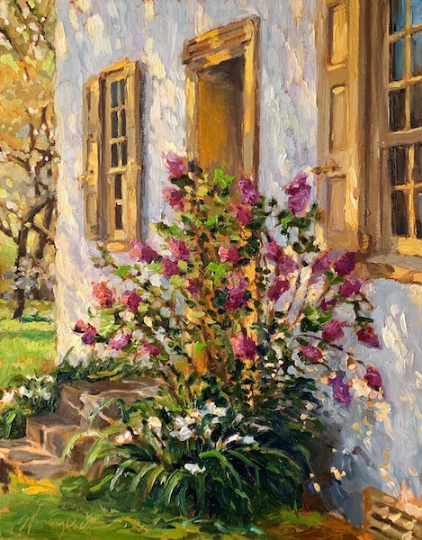 The cover art for the Spring 2019 issue of Bucks County Magazine: RIVERSIDE LILACS by Jennifer Hansen Rolli -14 X 11 in., o/c • SOLD