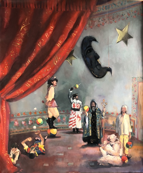 ALL THE WORLDS A STAGE (from Shakespeare's AS YOU LIKE IT) by Glenn Harrington - 27 x 22 in., oil on linen on board • $15,000