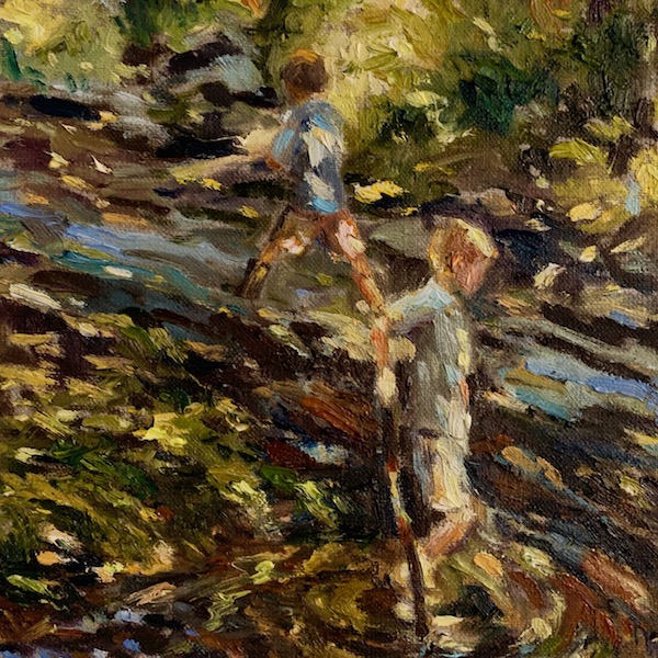 TWO BOYS WITH STICKS by Jennifer Hansen Rolli - 10 x 8 in., o/l • SOLD
