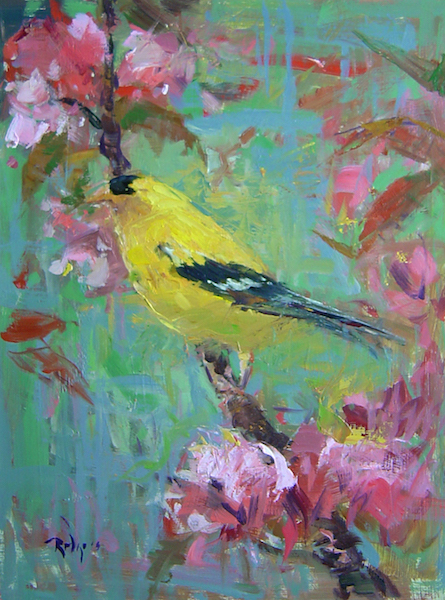 GOLDFINCH AND PINK BLOSSOMS by Jim Rodgers - 16 x 12 in., o/b • $3,000