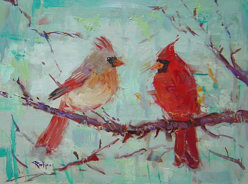 WINTER CARDINALS by Jim Rodgers - 12 x 16 in., o/b • $2,500