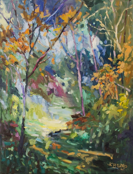 Featured in the foyer of the 2021 Bucks County Designer House, Mearns Mill Manor in Ivyland!  HAZY STREAM by Jean Childs Buzgo -18 x 14 in., o/c • $1,800
