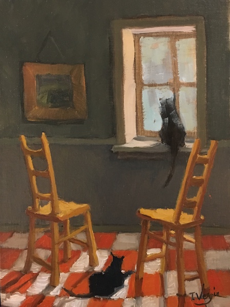 Meow! CHAIRS & CATS IN THE SUNSHINE by Trisha Vergis - 12 x 9 in., o/cb • SOLD