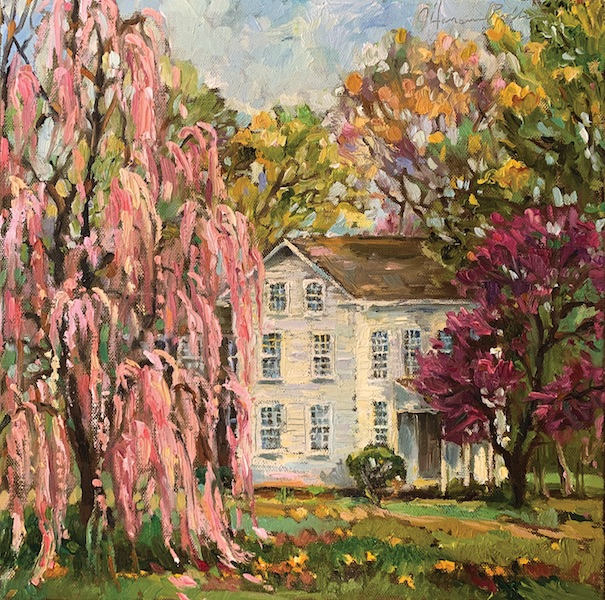 COVER OF THE SPRING 2020 BUCKS COUNTY MAGAZINE . . . a lovely spot in Upper Makefield: FARMHOUSE IN BLOOM by Jennifer Hansen Rolli - 12 x 12 in., o/c • SOLD