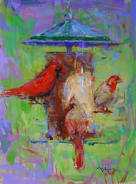 CARDINALS AT FEEDER by Jim Rodgers - 16 x 12 in., o/b • $2,500