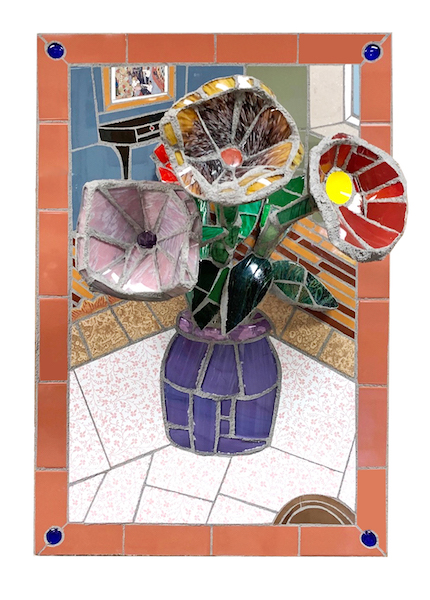 You just have to see this in person! 3D FLORAL MOSAIC by Jonathan Mandell - 37 x 24.5 x 14.5 in., glass, ceramic tile, copper, lapidary, amethyst, red jasper • $7,000