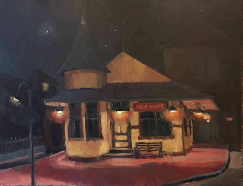 NEW HOPE STATION AT NIGHT by Trisha Vergis - 14 x 18 in., o/cb • $2,000