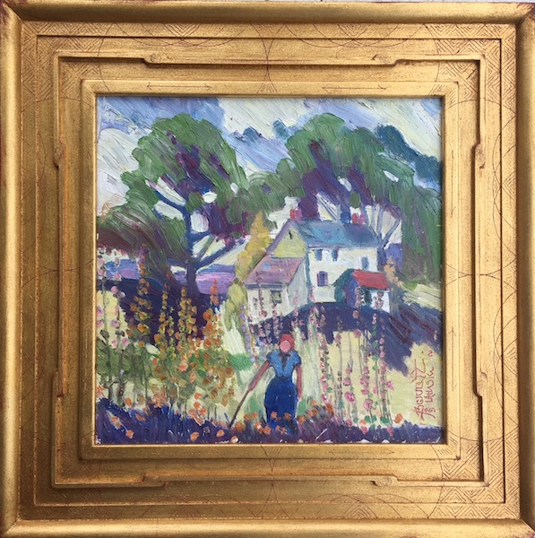 Featured at the 2021 Bucks County Designer House:  OLD WOMAN & HOLLYHOCKS by Joseph Barrett - 16 in. sq., o/c • artist designed frame • SOLD