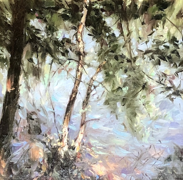 From his fall 2020 exhibition, SHAG BARK BIRCH ON THE RIVER by Glenn Harrington - 8 x 8 in., oil on linen on board • SOLD