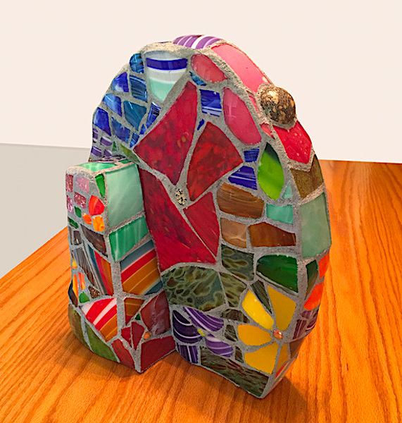 FLORAL TABLE TAP SCULPTURE I by Jonathan Mandell - 17 x 14 x 9 inches, 3-D mosaic from blown glass shards and semi-precious stones • SOLD