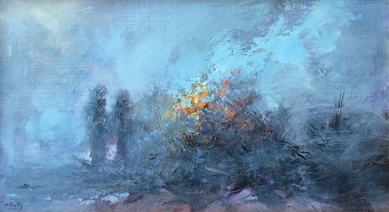 STARTING THE BRUSH FIRE by Desmond McRory - 11.25 x 20 in., oil on board • SOLD