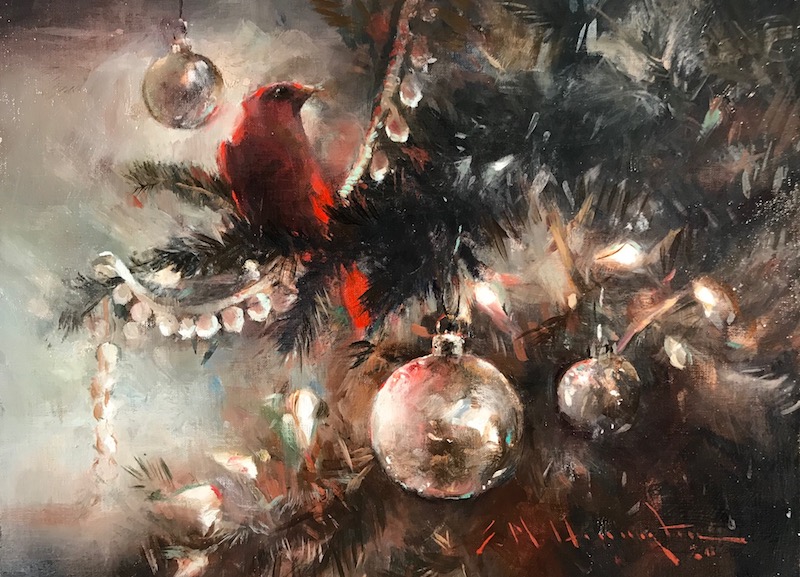 CHRISTMAS CARDINAL by Evan Harrington - 9 x 12 in., oil on linen on board, in custom David Madary frame • SOLD