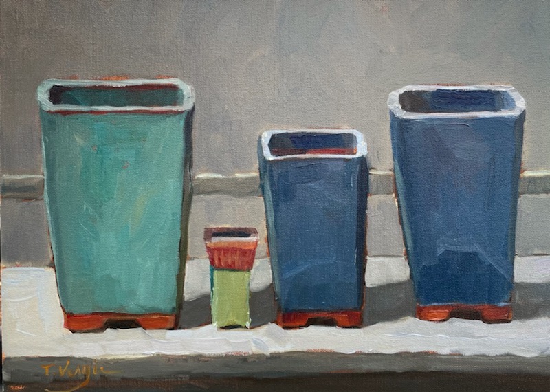 At attention on the potting shelf, awaiting their perfect Bonsai: CASCADE POTS by Trisha Vergis - 12 x 16 inches, oil on canvas • $2,200