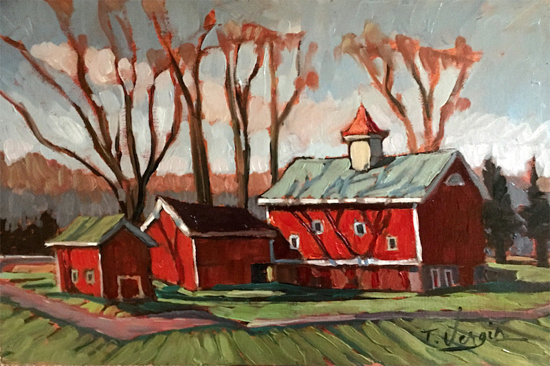 One of her favorite paintings from 2020 . . . the early winter day was warm and sunny and the colors vibrant. TINICUM BARNS, DECEMBER SUN by Trisha Vergis - 9 x 12 in., o/cb • SOLD