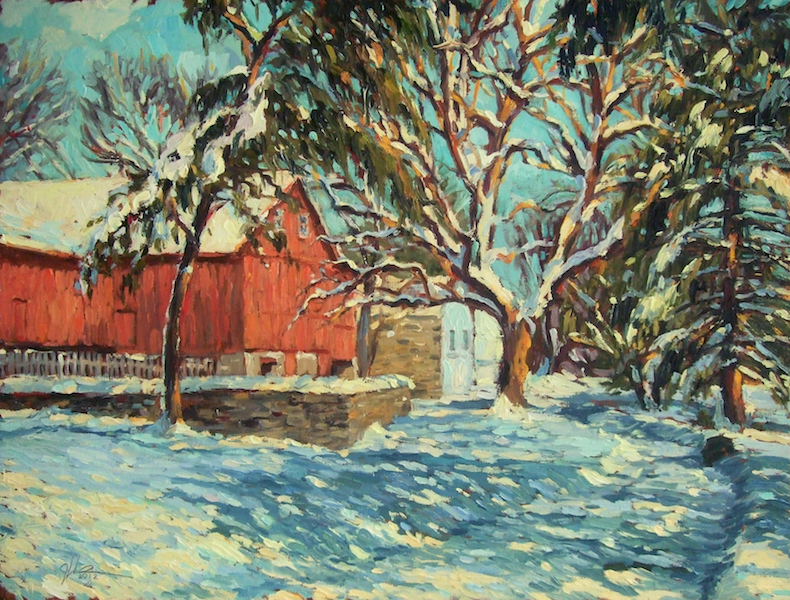 A sunny winter day after a big snow: ELM AND EVERGREENS UNDER SNOW by Jennifer Hansen Rolli - 18 x 24 in., o/c • SOLD