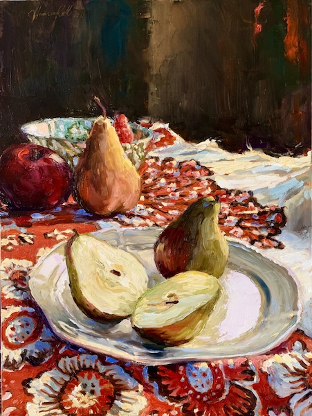PEACOCK & PEARS by Jennifer Hansen Rolli - 16 x 12 inches, oil on canvas • SOLD