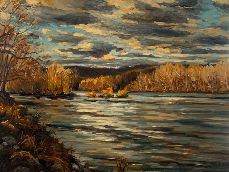 FEATURED IN THE LIBRARY OF THE 2021 BUCKS COUNTY DESIGNER HOUSE:  LAST LIGHT ON THE DELAWARE by Jennifer Hansen Rolli - 30 x 40 inches, oil on canvas $8,500