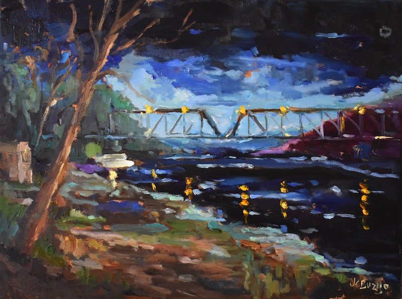 A superb nocturne:  BRIDGE TWILIGHT by Jean Childs Buzgo - 12 x 16 in., oil on canvas • $1,800