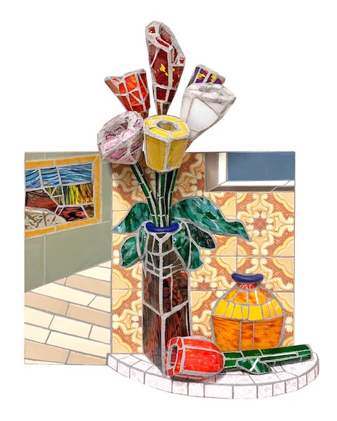 3-D mosaic, from blown glass, tile and Owyhee Jasper:  BURSTING BOUQUET by Jonathan Mandell - 31 x 24 x 6 inches • SOLD