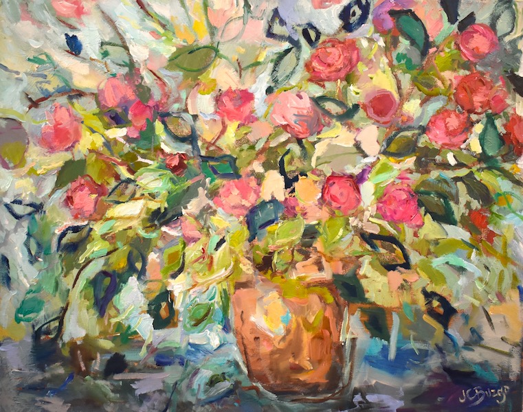 GARDEN ROSES IN TERRACOTTA POT by Jean Childs Buzgo - 16 x 20 in., oil on canvas • SOLD