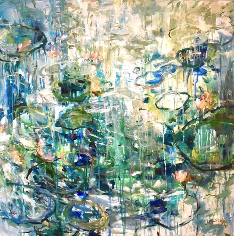 LOVING LILIES by Jean Childs Buzgo - 30 x 30 inches, mixed media on gallery wrapped canvas • SOLD