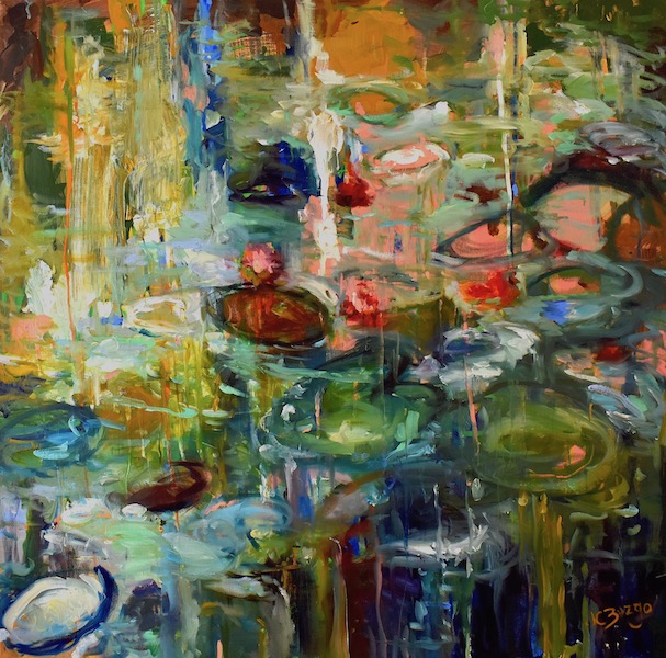 Headlining her 2021 Solo Exhibition, VIBRANCE:  WATER LILIES, LONGWOOD GARDENS by Jean Childs Buzgo - 30 x 30 inches, mixed media on canvas, in sutton David Madary frame • SOLD