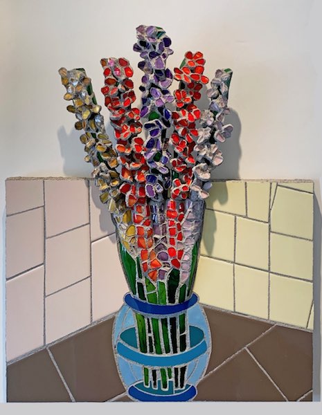 New for July 2021:  3-D mosaic, from blown glass and tile:  GLADIOLUS BOUQUET by Jonathan Mandell - 31 x 24 x 3 inches • $6,200
