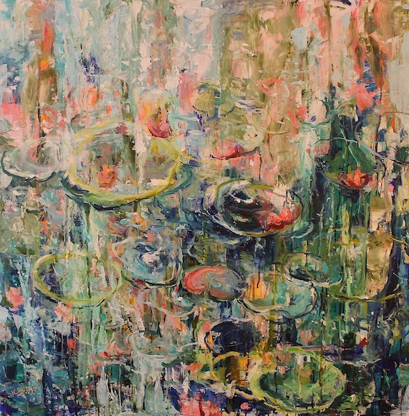 LILIES IN BLOOM by Jean Childs Buzgo - 36 x 36 in., mixed media on canvas, framed to suit  •  $7,000