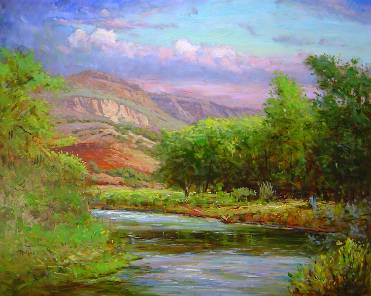 From a trip to the Jemez mountains in NM:  ON THE RIO GRANDE by Jim Rodgers - 24 x 30 in., oil on board • $6,200