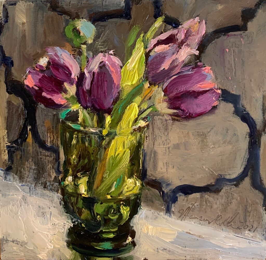 TULIPS IN GREEN GLASS by Jennifer Hansen Rolli - 6 x 6 inches, oil on board • SOLD
