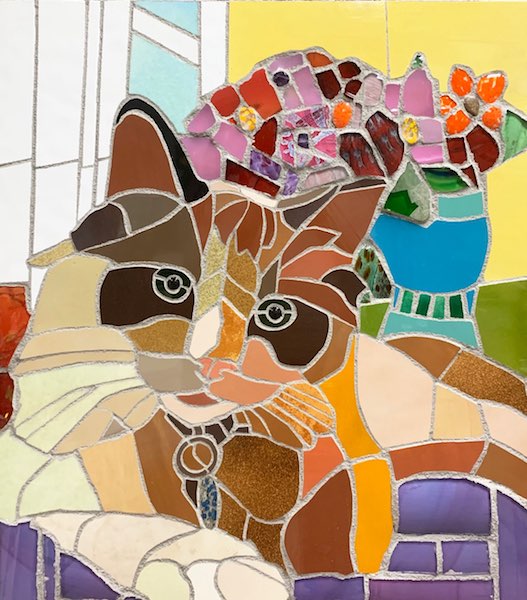 FELINE PORTRAIT  by Jonathan Mandell - 24 x 20 x 2.5 inches, wall mosaic from ceramic tile, hand-blown glass shards and granite with azurite • $3,800