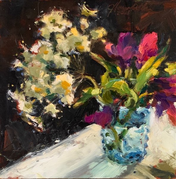 BLOSSOMS IN BLUE GLASS by Jennifer Hansen Rolli - 6 x 6 inches, oil on board • $1,350
