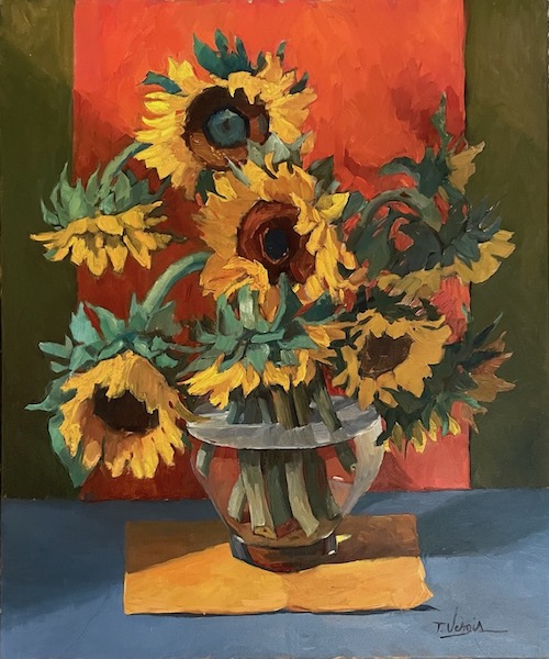 Featured in her Sept.-Oct. 2021 Exhibition:  LATE JULY SUNFLOWERS by Trisha Vergis - 24 x 20 inches, oil on canvas • SOLD