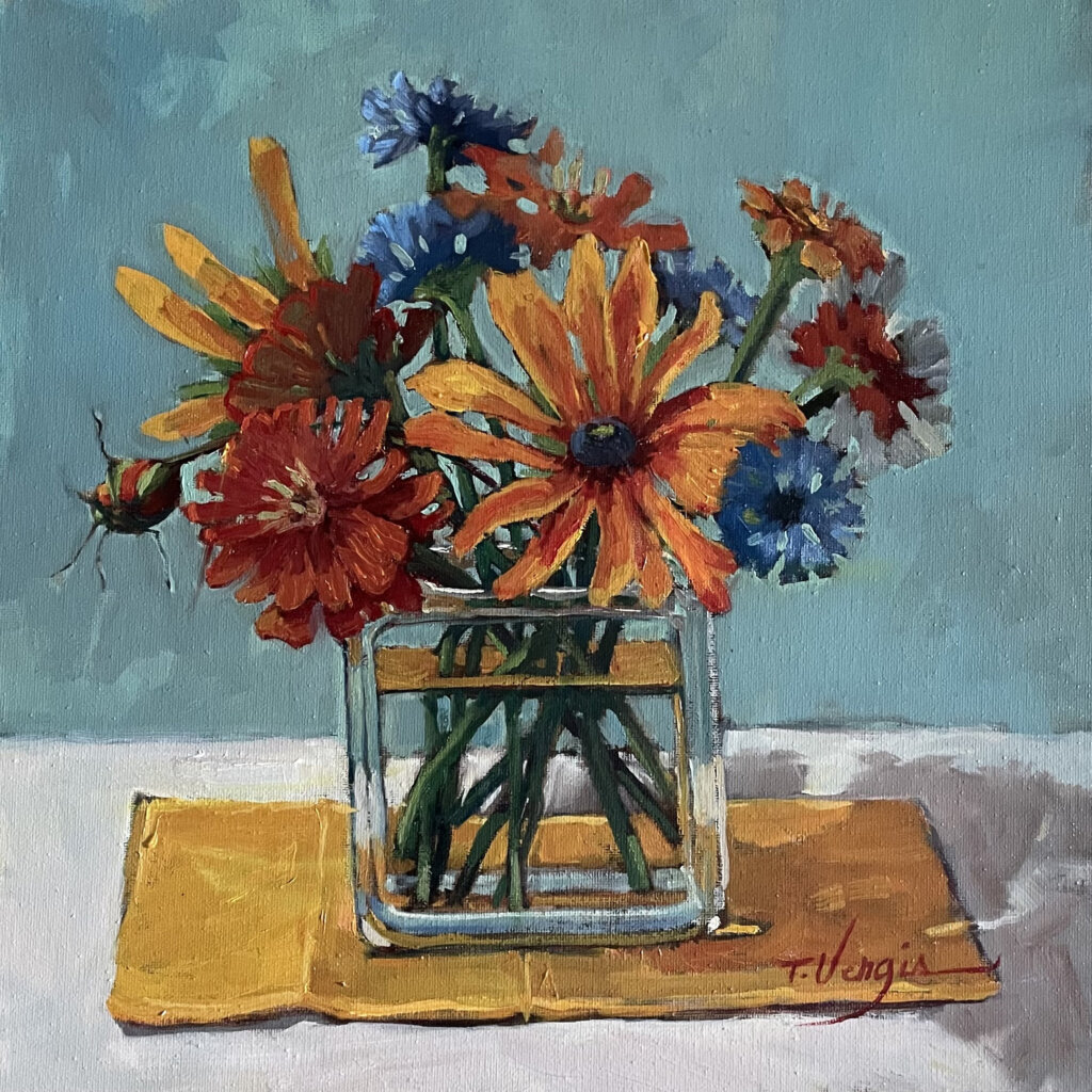 TODAYS BOUQUET II by Trisha Vergis - 14 x 14 in., oil on canvas, in custom Madary frame • $1,800