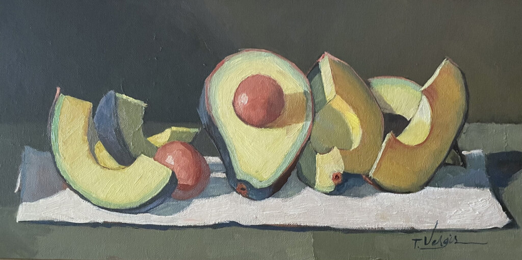 TWO SLICED AVOCADOS by Trisha Vergis - 8 x 16 in., o/cb • SOLD